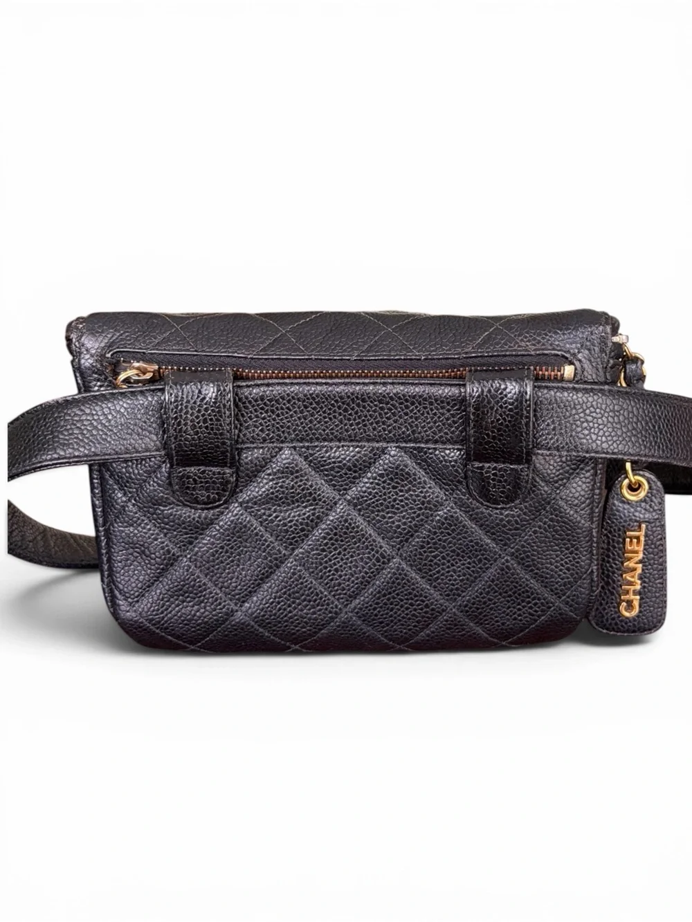 CHANEL Vintage Black Quilted Caviar Leather Waist Belt Bag | Gold Hardware